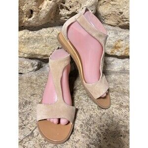 KENNETH COLE Judd Tan Suede T-Strap Demi Wedge Back Zip Buckle Sandals Shoes 8
